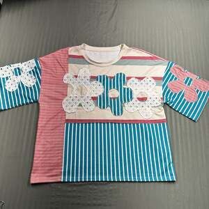 Oli & Hali Mixed Print Stripe Patchwork Flower Applique Top Shabby Chic